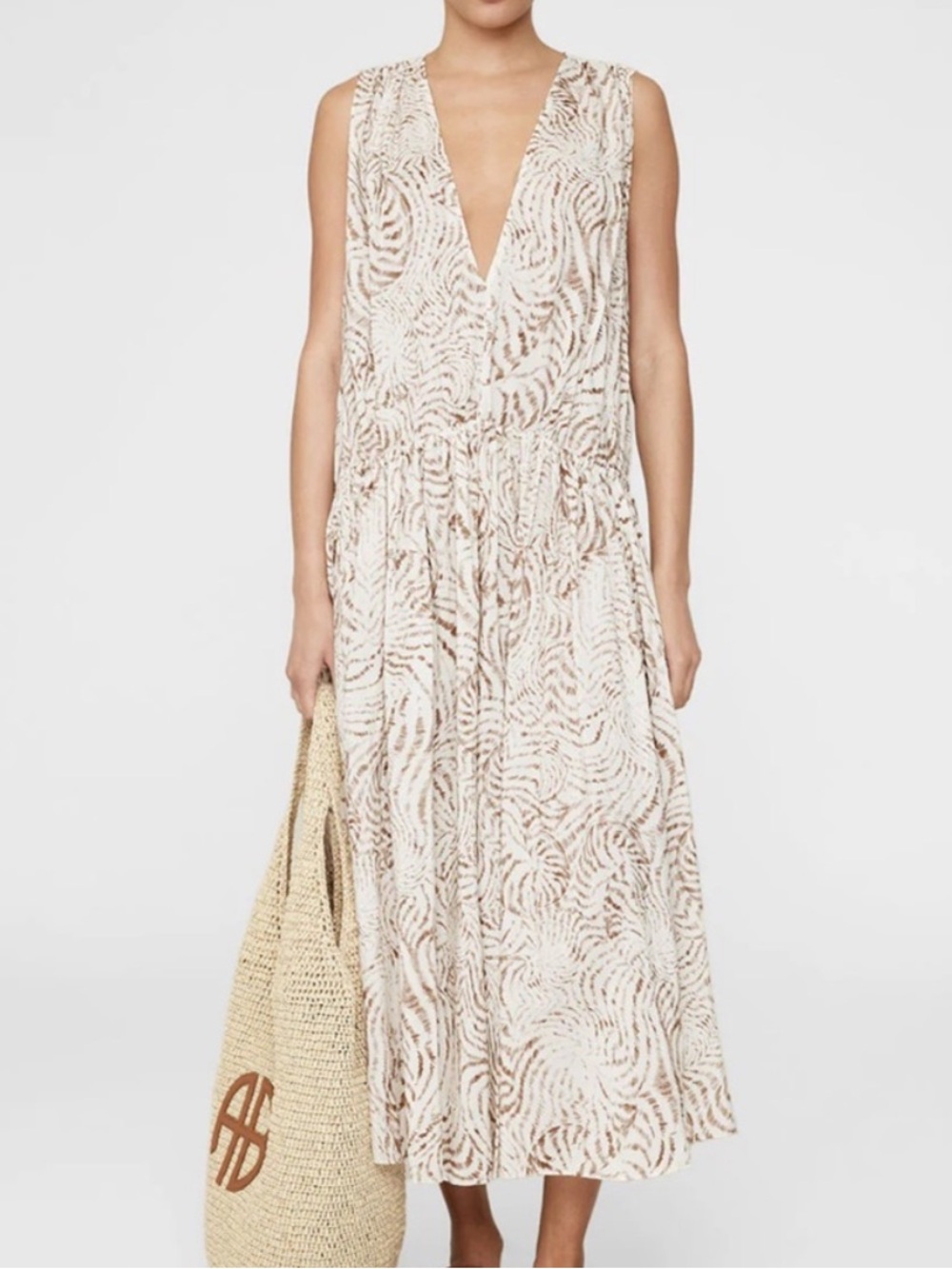 Anine Bing Mia Seashell Cream and Brown Sleeveless Midi Dress Size Small